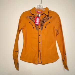 Mens Western Embroidered Button Up Long Sleeve Size Small Mustard Made in Mexico